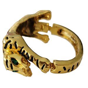 Gold Tone Black Enamel Striped Tiger Cat Hinged Bracelet E791